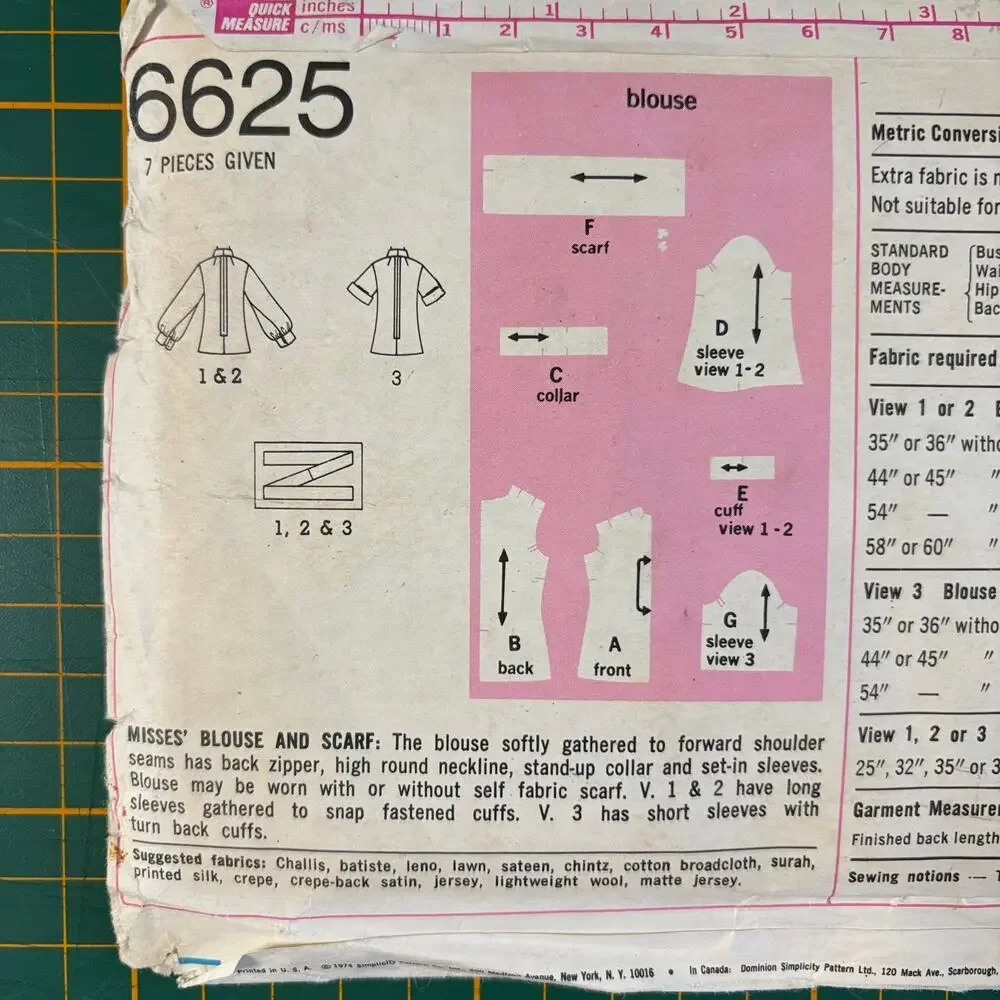 Vtg 70s Simplicity Pattern 6625 Size 12 Bust 34 Misses Blouse & Scarf Shirt Cut